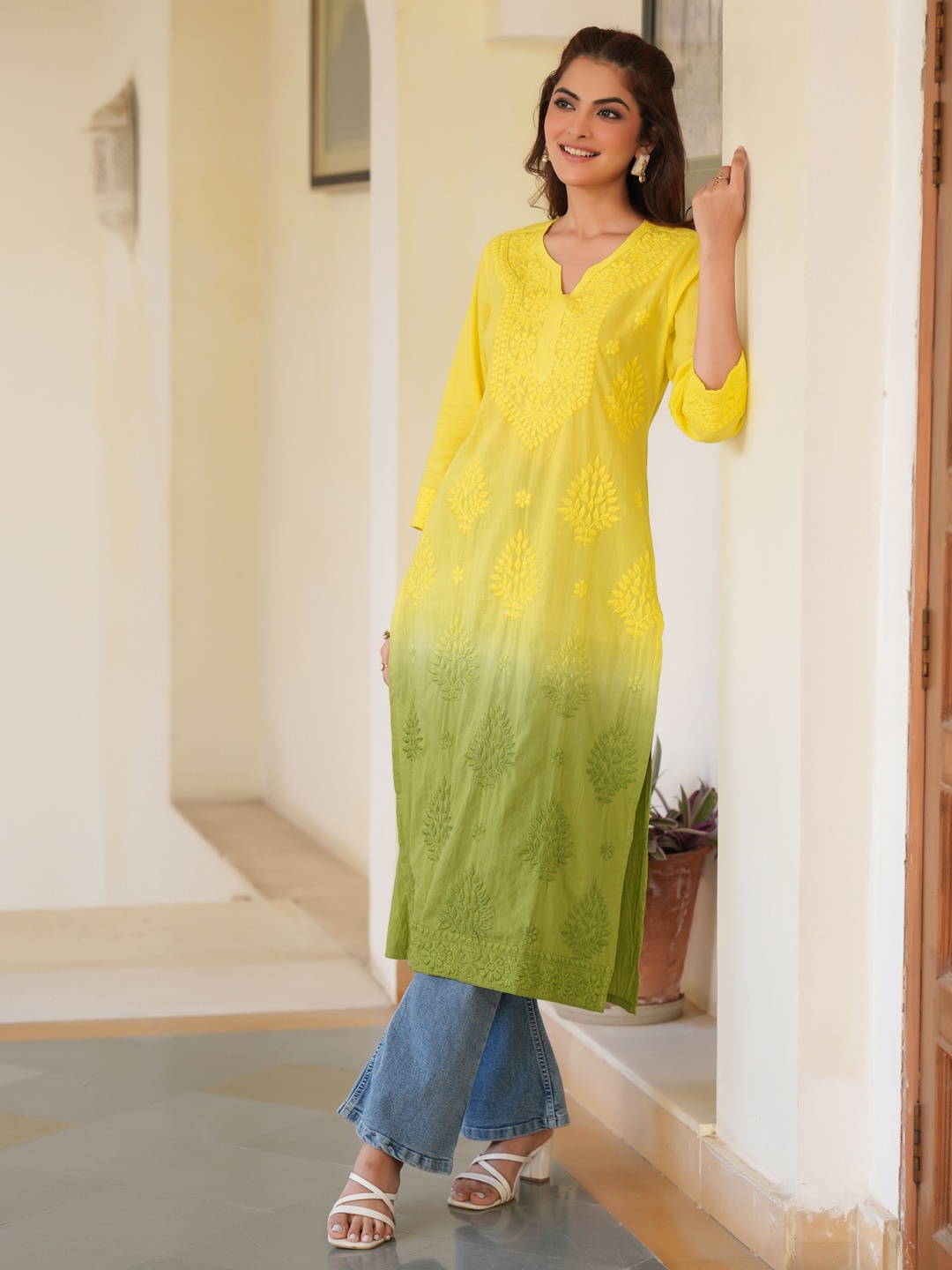 

Janasya Women's Lime Yellow Pure Cotton Ombre Chikankari Embroidered Straight Kurta