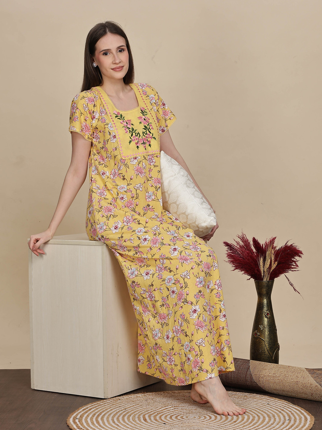 

9shines Label Embroidered Maxi Nightdress, Yellow