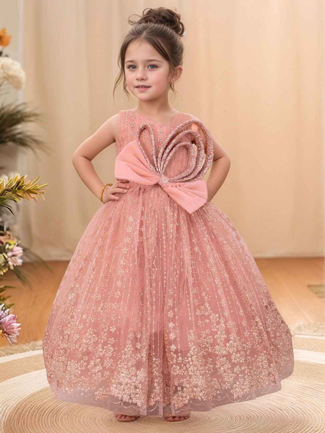 

Lagorii Girls Bow Embellished Asymmetric Neck Net Fit & Flare Dress, Peach
