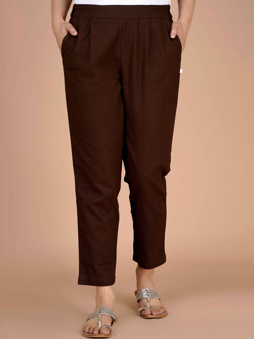 

JONAYA Women Cotton Mid Rise Trousers, Brown