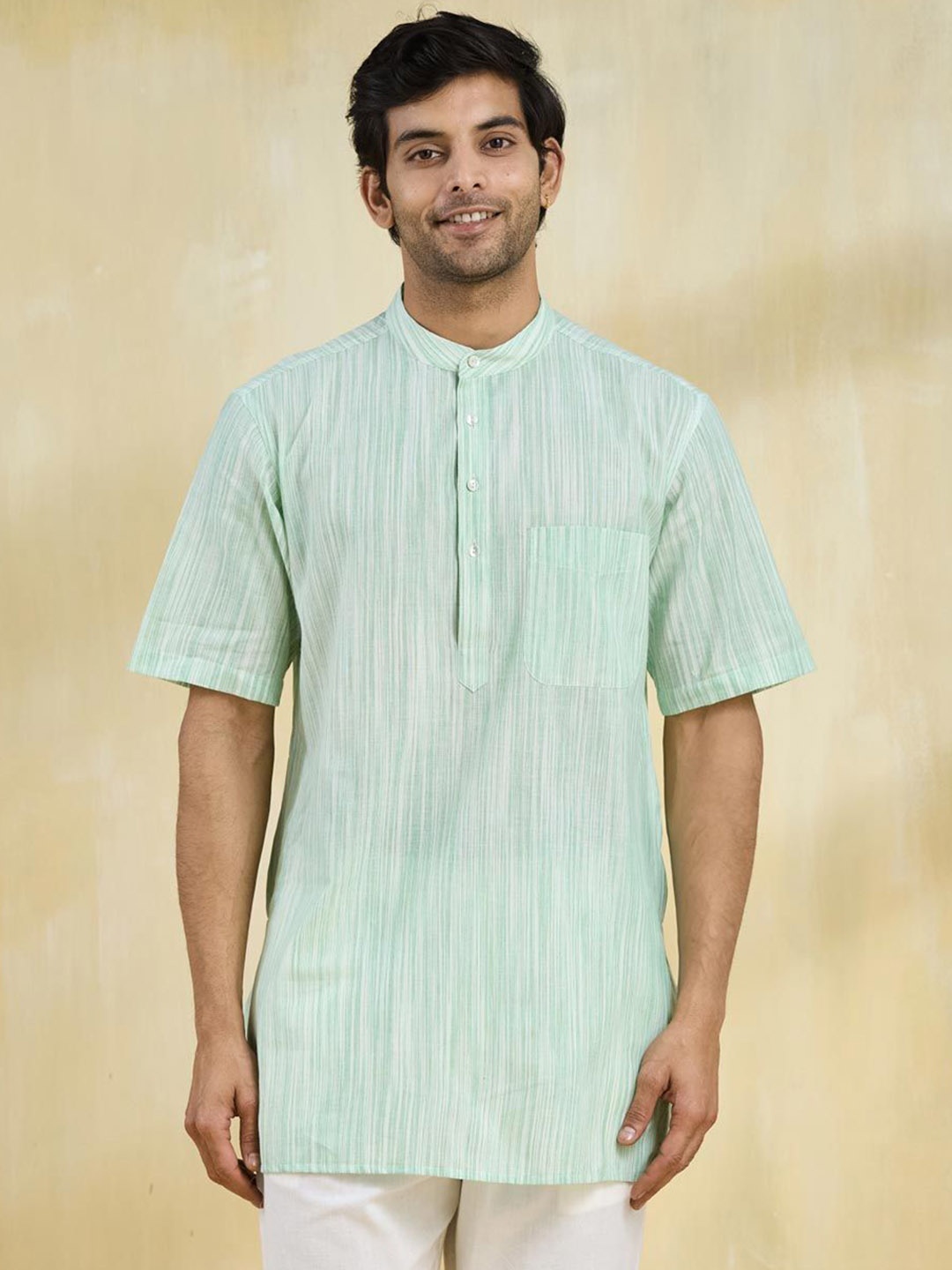 

Fabindia Men Striped Woven Design Band Collar Cotton Straight Kurta, Green
