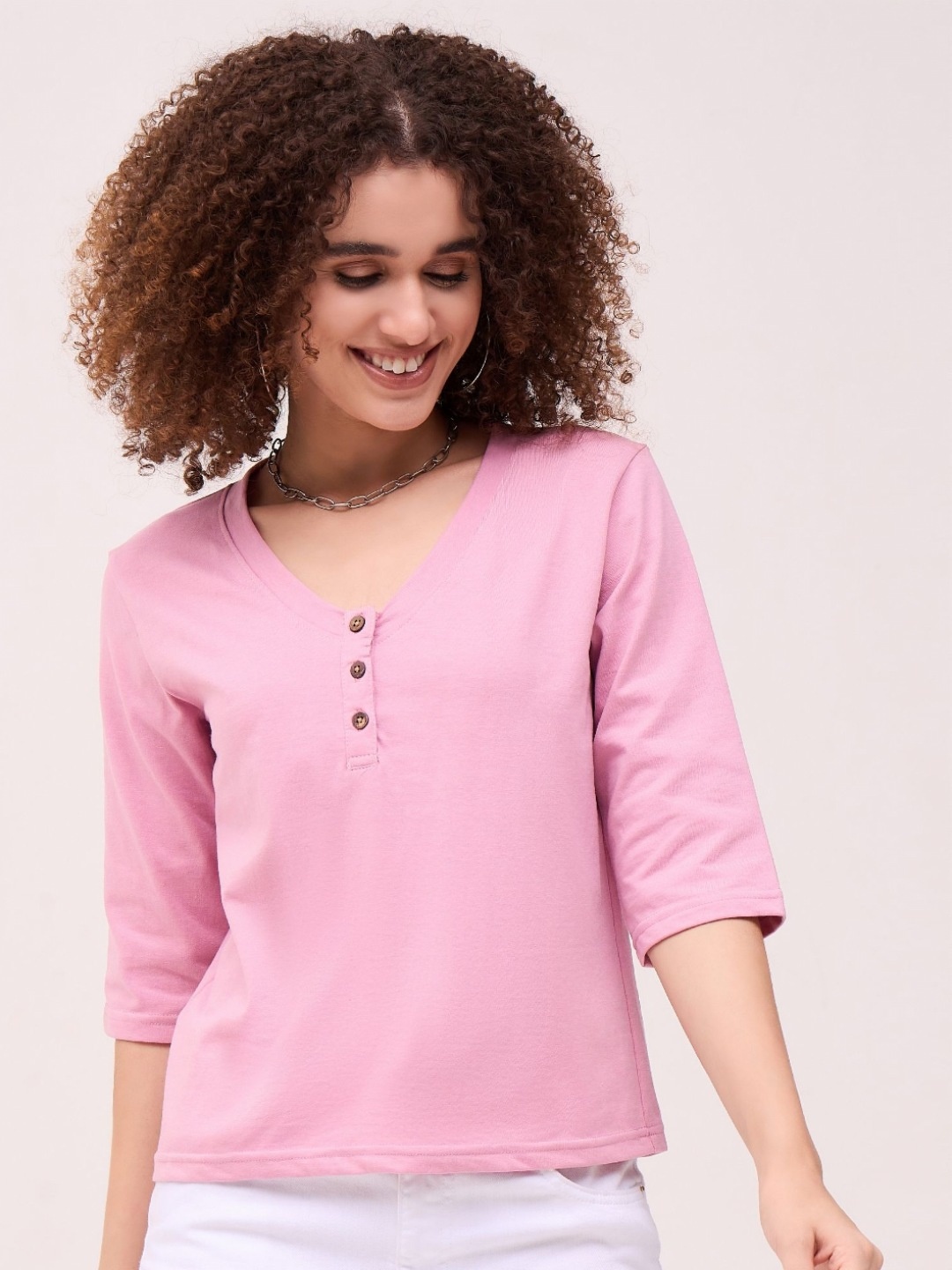 

DressBerry Women V-Neck Pockets T-shirt, Pink