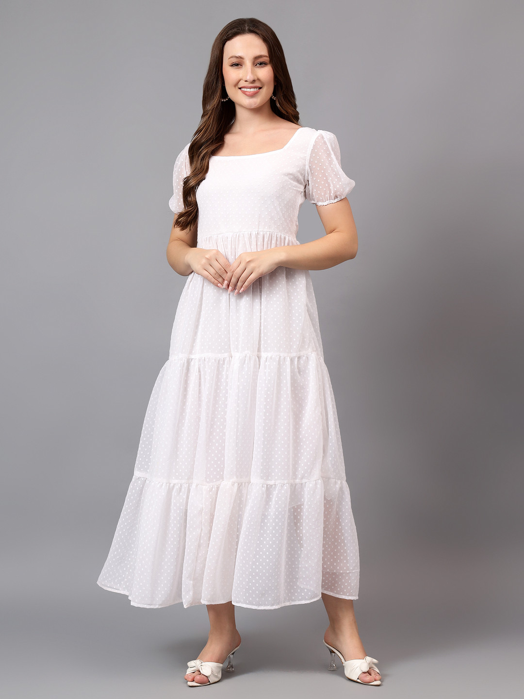 

BAESD Puff Sleeve Georgette Fit & Flare Maxi Dress, White