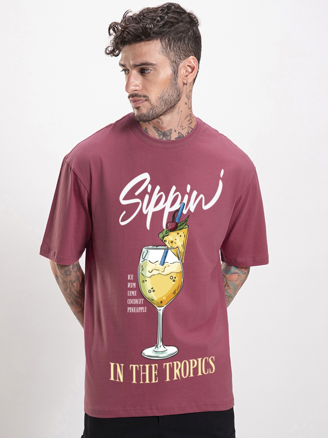 

Bewakoof Men Typography Printed Round Neck Cotton Oversized T-shirt, Pink