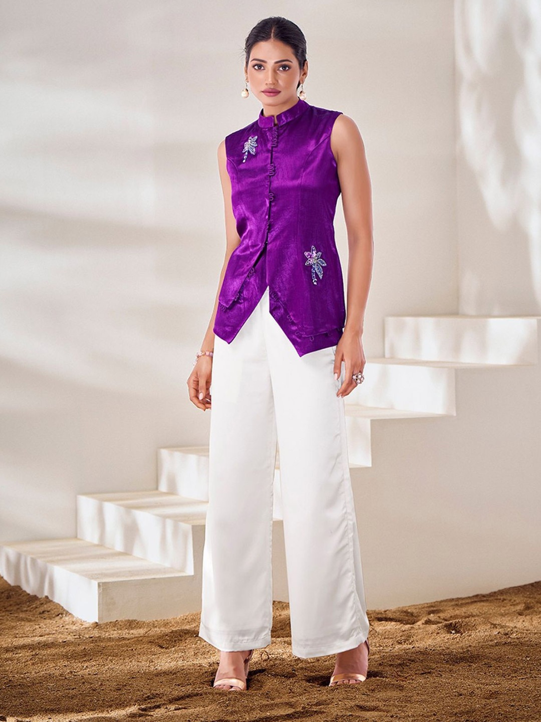 

ODETTE Women Purple Silk Blend Embroidered Top