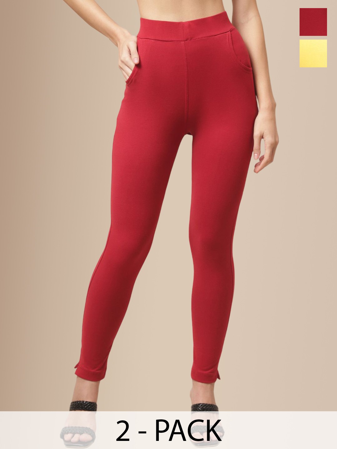 

Valles365 by S.C. Women Pack Of 2 Cotton Ankle-Length Leggings with Pocket, Yellow