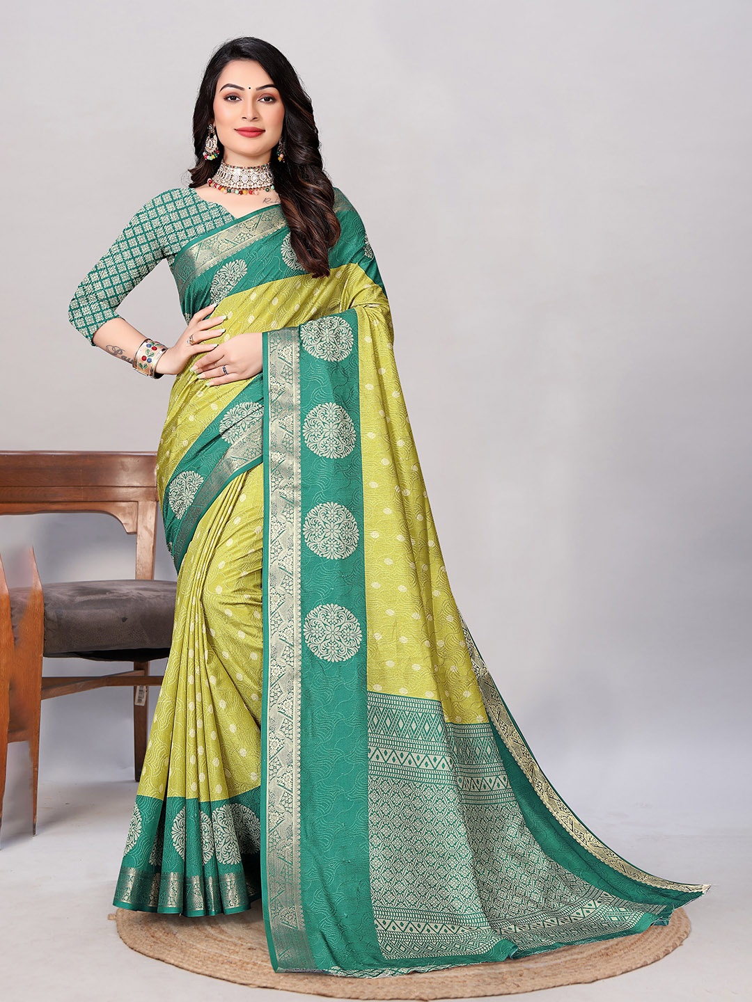 

A.V.M. SILK MILLS Woven Design Zari Saree, Yellow