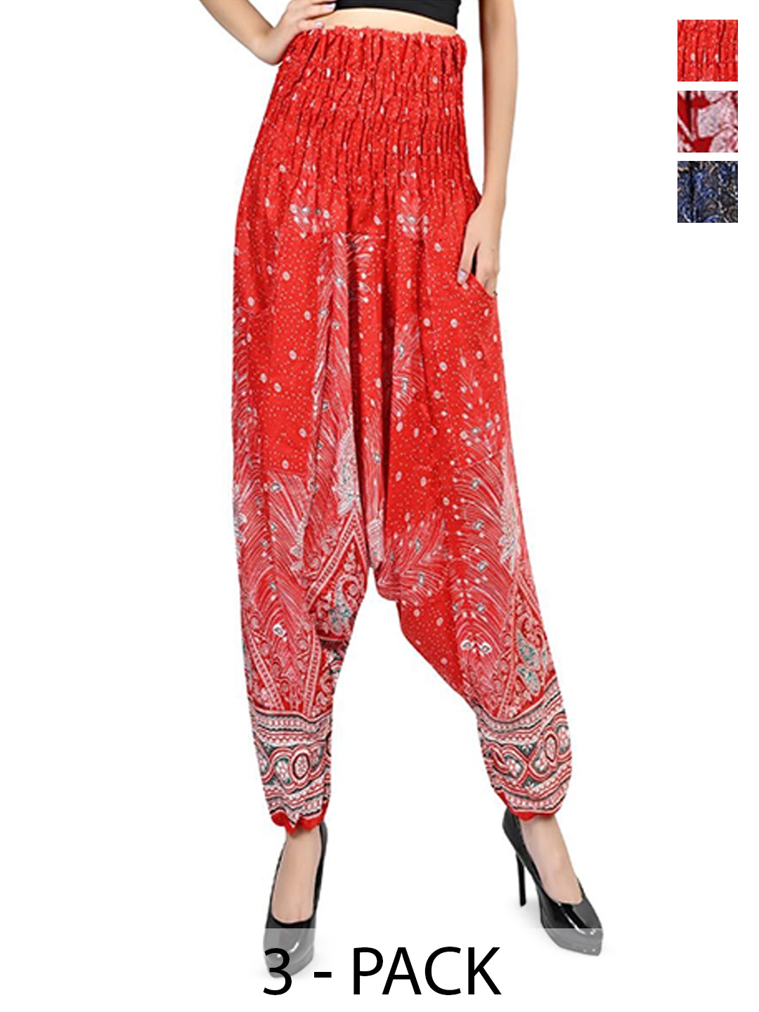 

NarNari Women Ethnic Motifs Pack Of 3 Printed Mid-Rise Harem Pants, Black