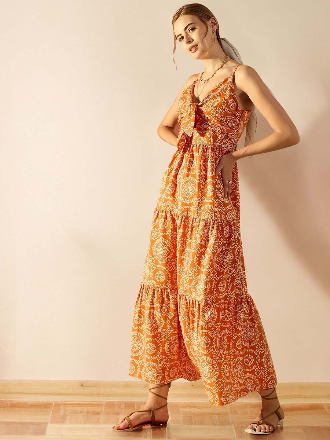 

STYLECAST X KASSUALLY Ethnic Motifs Printed Tiered Midi Dress With Tie-Ups Details, Orange