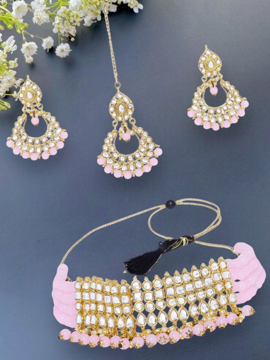 

Anouk Gold-Plated And Pink Kundan Studded & Beaded Necklace & Earrings With Maang Tikka