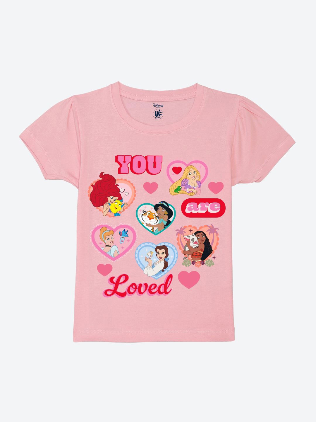 

YK Disney Girls Graphic Printed Puff Sleeve Pure Cotton Top, Pink
