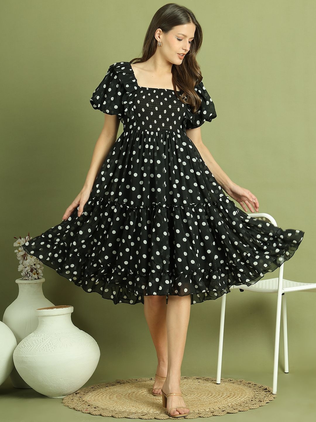 

La Zoire Women Polka Dots Printed Square Neck Georgette Fit and Flare Dress, Black