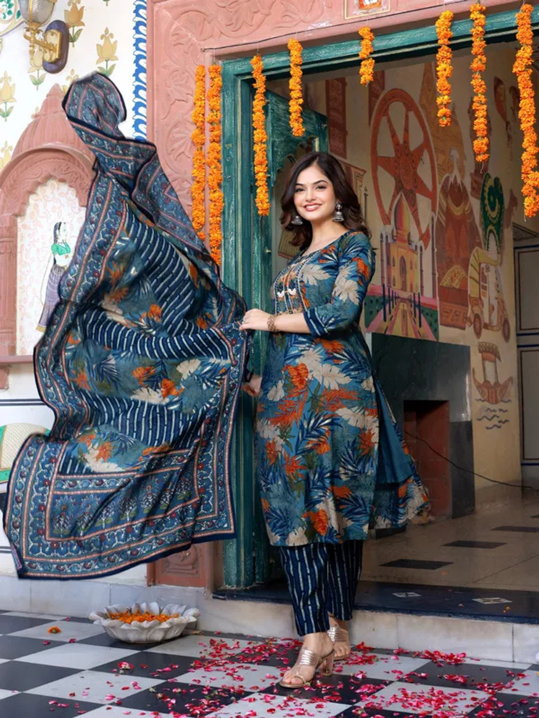 

Subh LAXMI Floral Printed Round Neck Gotta Patti Straight Kurta With Trouser & Dupatta, Blue