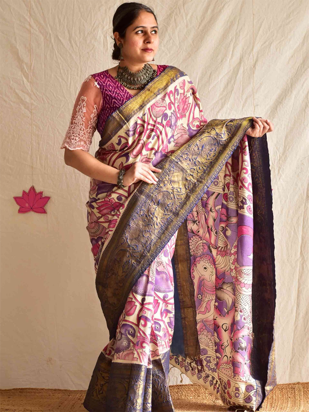 

Sundarii Floral Zari Silk Blend Saree, Purple