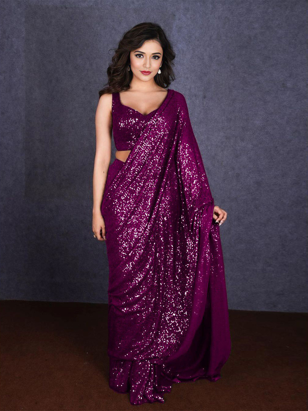 

ANJANI TEXTILE Embellished Sequinned Poly Georgette Saree, Purple