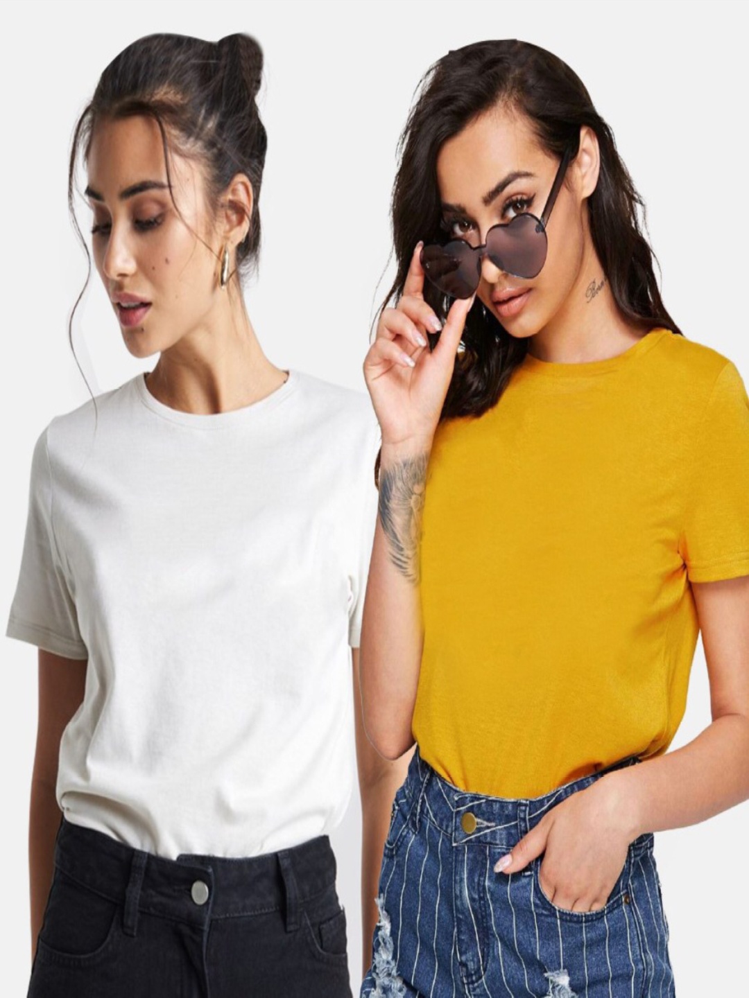 

DEEPMAYRA COLLECTION Women Pack Of 2 Solid Round Neck Cotton T-shirts, White