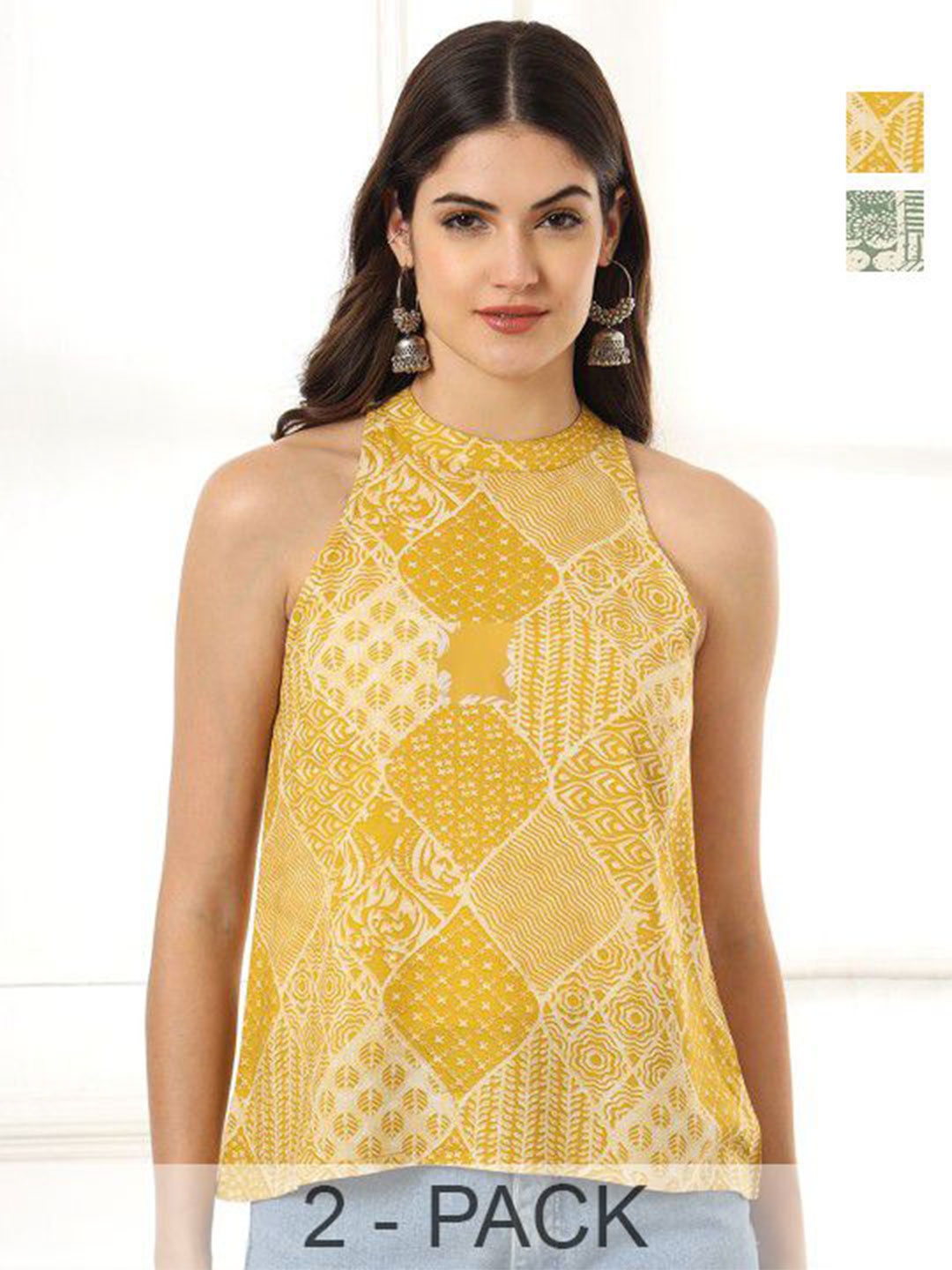 

Anouk Rustic Women Pack Of 2 Printed Halter Neck Tops, Yellow