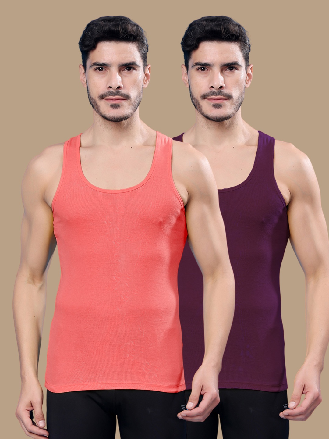 

Friskers Men Pack Of 2 Cotton Ribbed Gym Vest, Peach