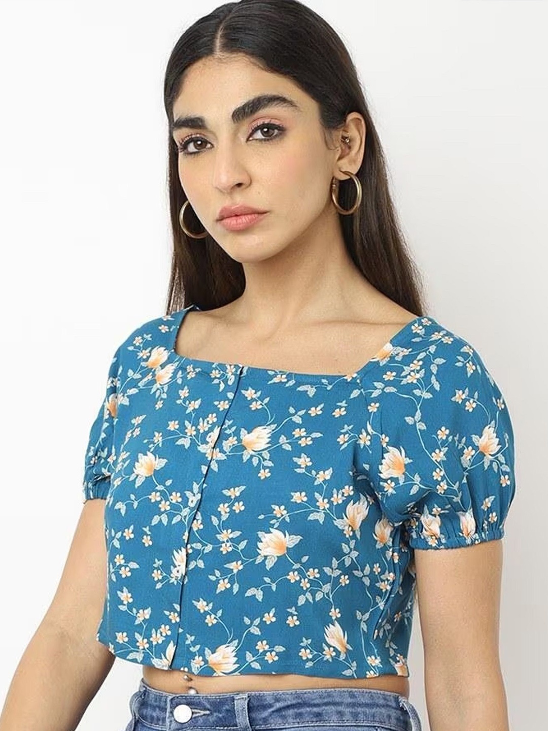 

SAKURA Floral Print Puff Sleeve Liva Top, Blue