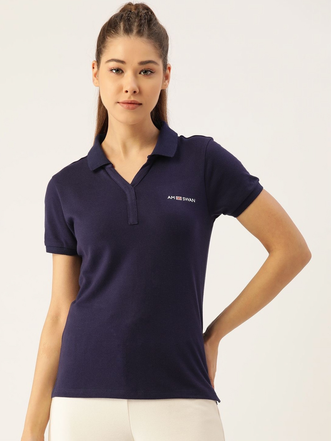 

AMSWAN Women Typography Printed Polo Collar Cotton T-shirt, Navy blue
