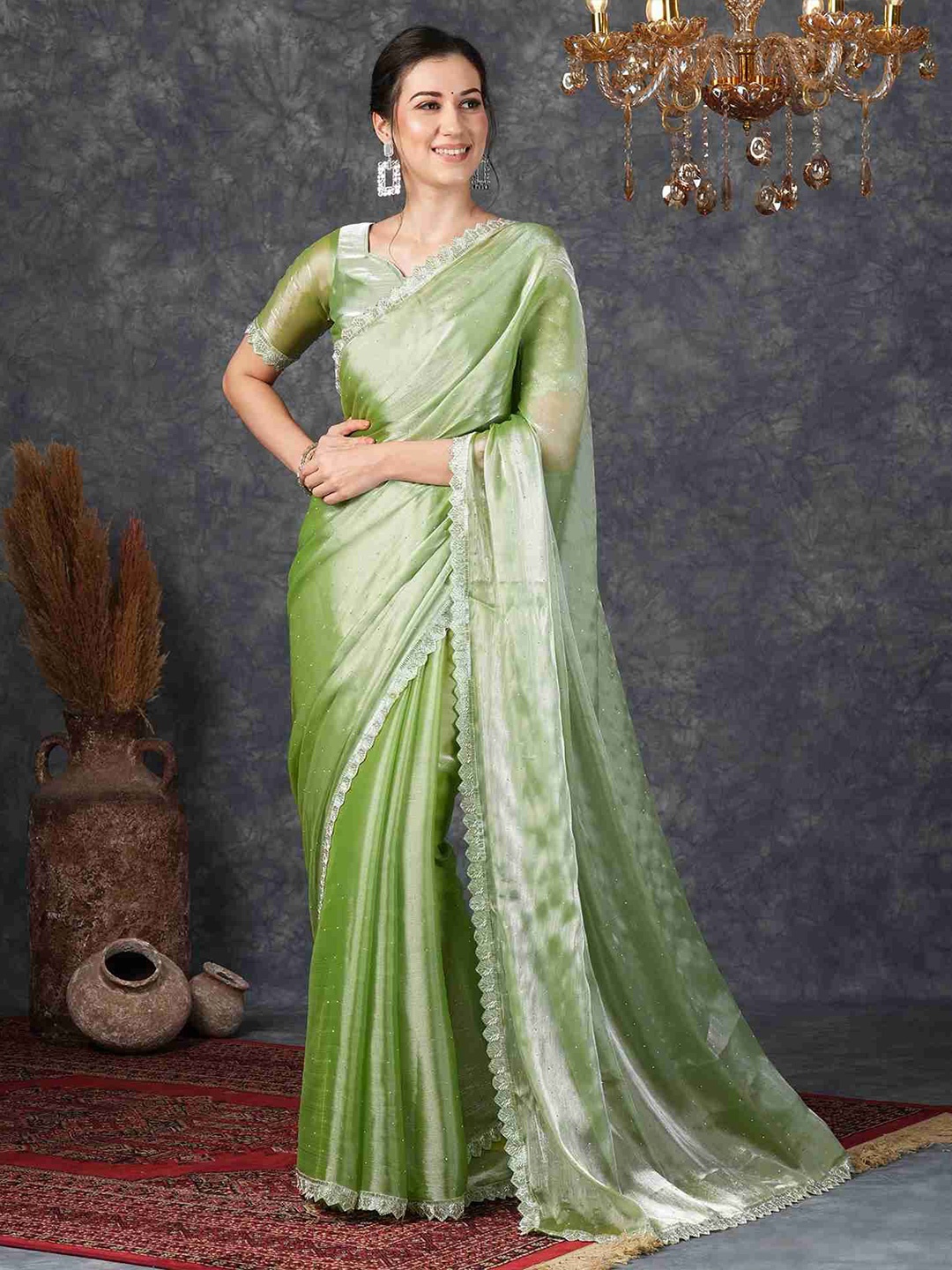 

DHARMEE Embellished Beads and Stones Saree, Green