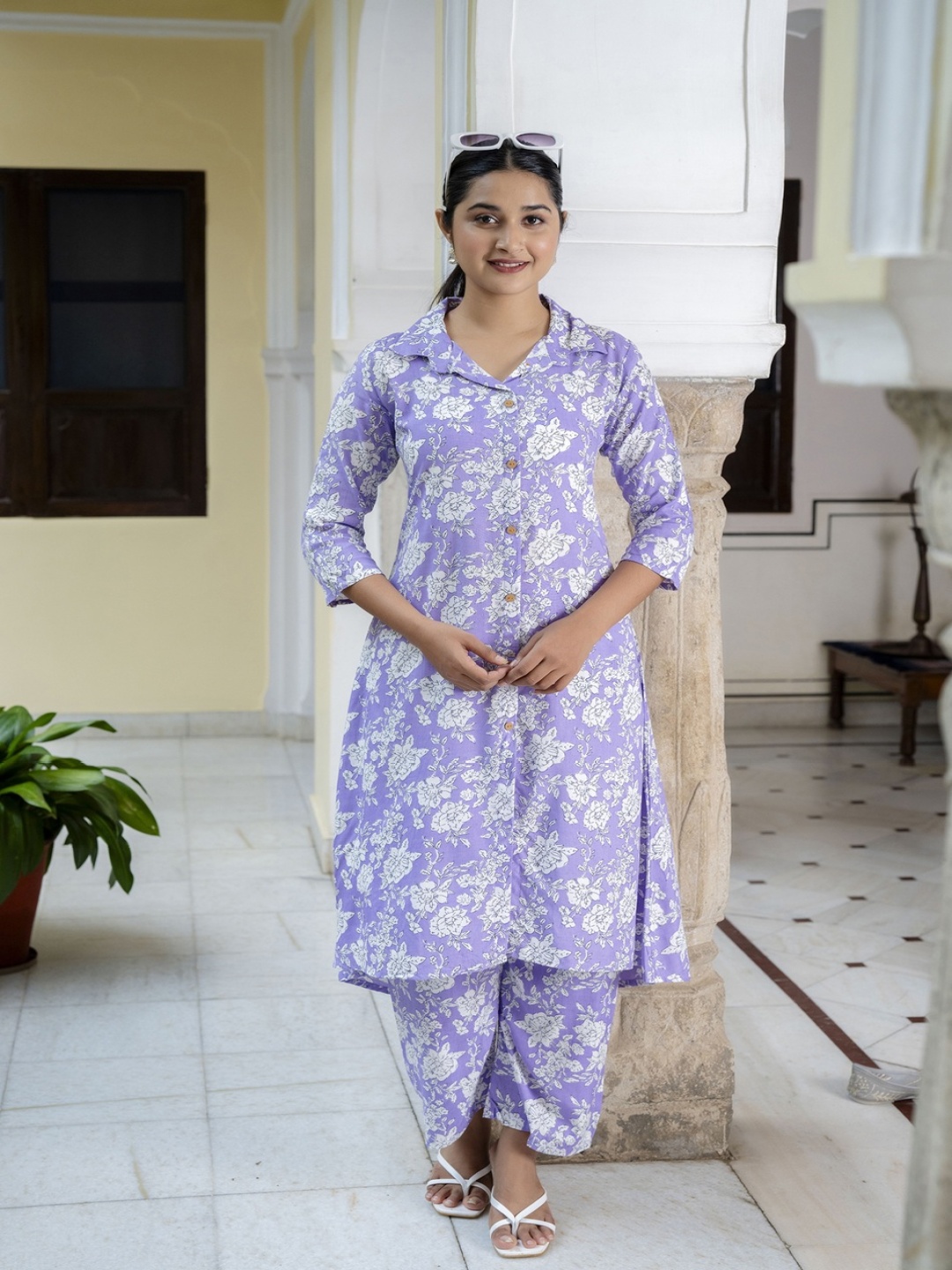 

Jollity Floral Printed Shirt Collar A-Line Kurta With Palazzos, Lavender