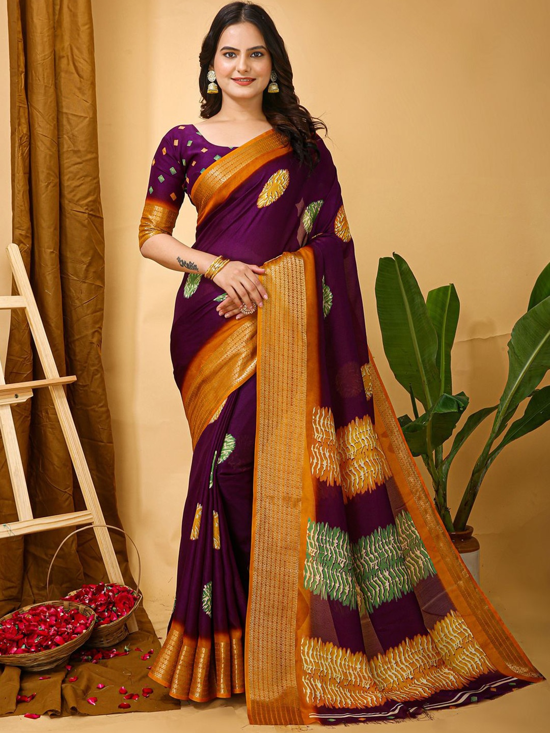 

Anouk Rustic Zari Silk Blend Sungudi Saree, Purple