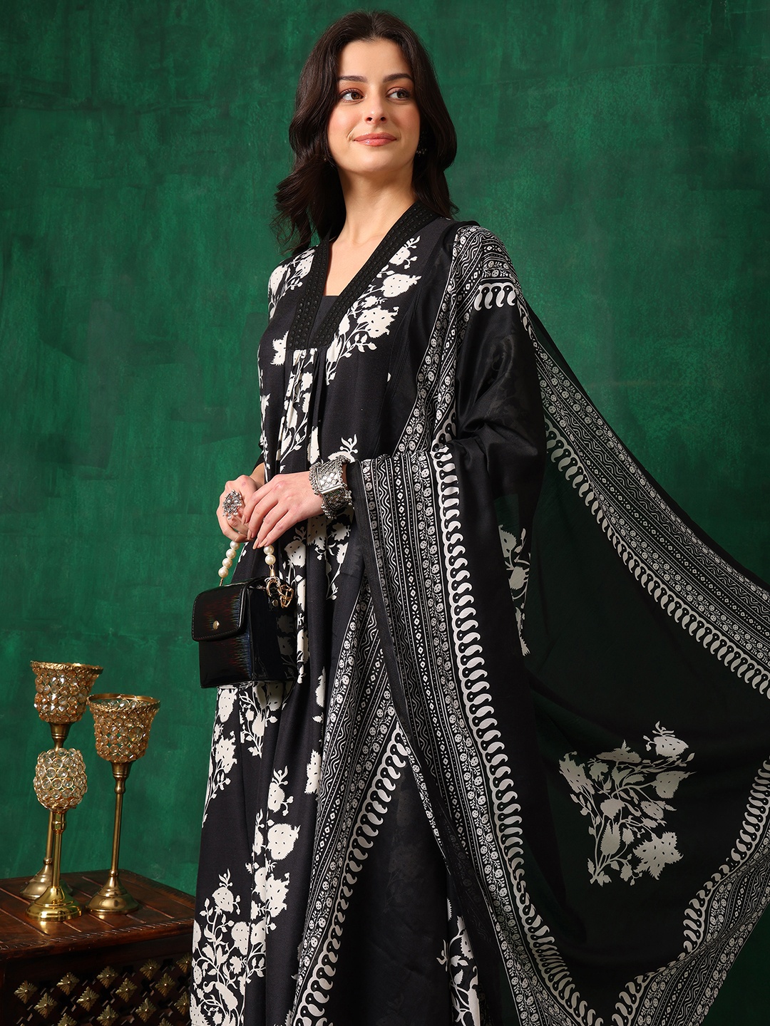

KALINI Floral Printed Embroidered V-Neck A-Line Kurta With Palazzo & Dupatta, Black