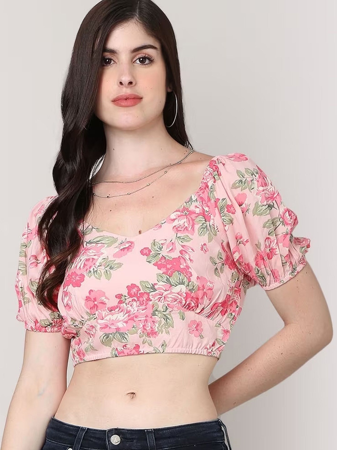 

SAKURA Floral Print Puff Sleeve Liva Blouson Crop Top, Pink