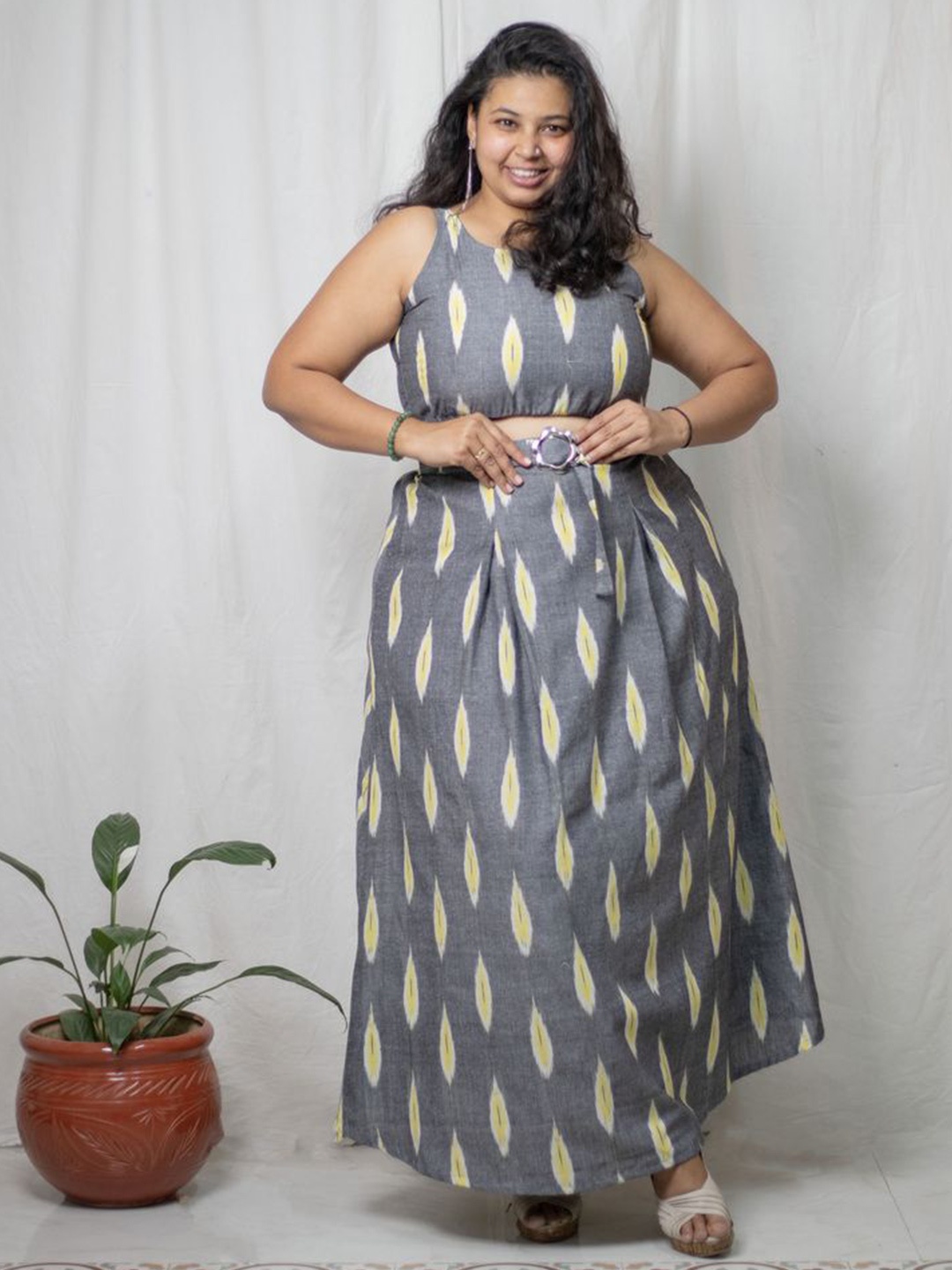 

Kmistry Ikhat Printed Pure Cotton Top & Skirt, Grey