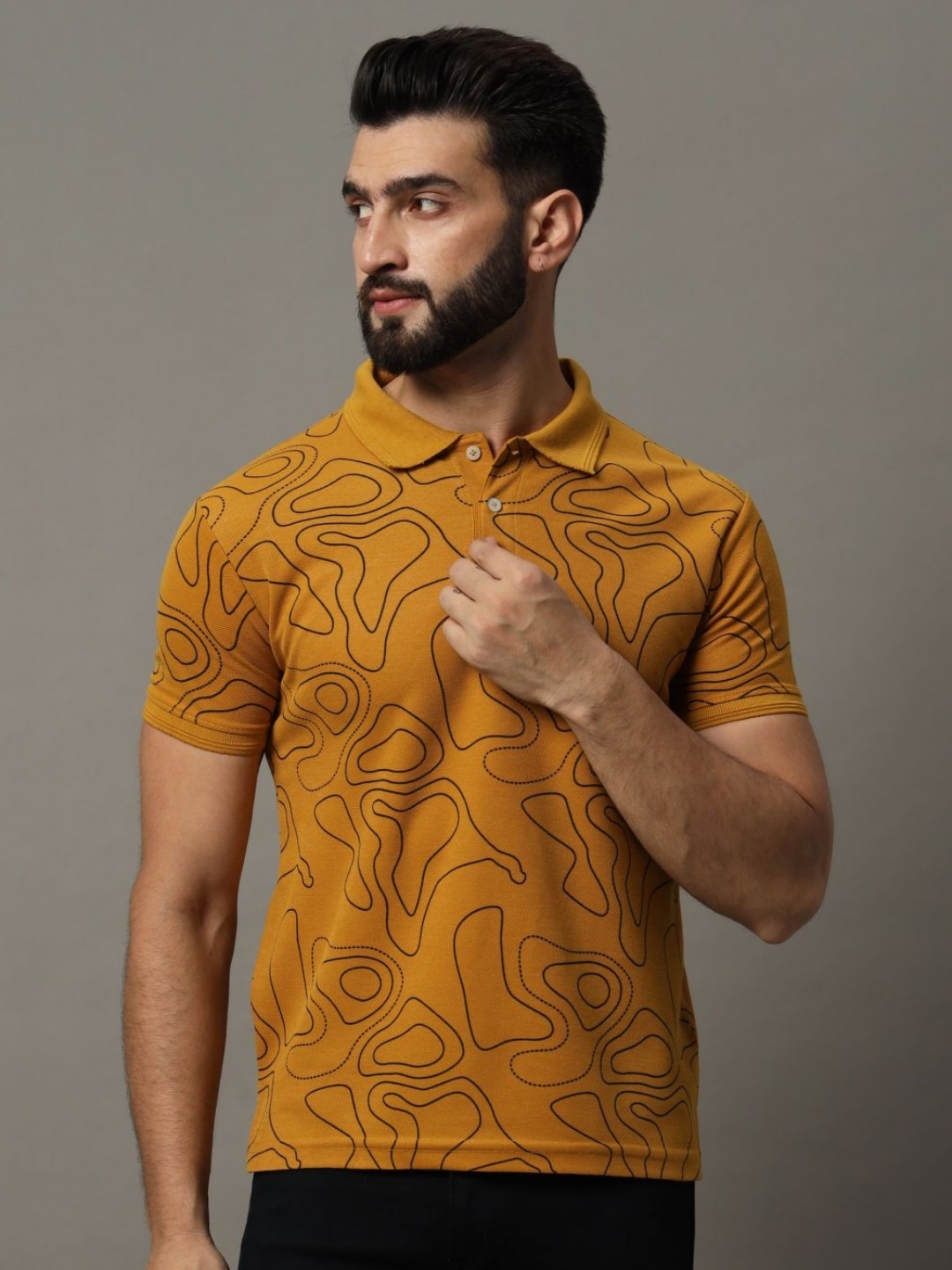 

HUSHBUCKS Men Printed Polo Collar Pockets T-shirt, Mustard