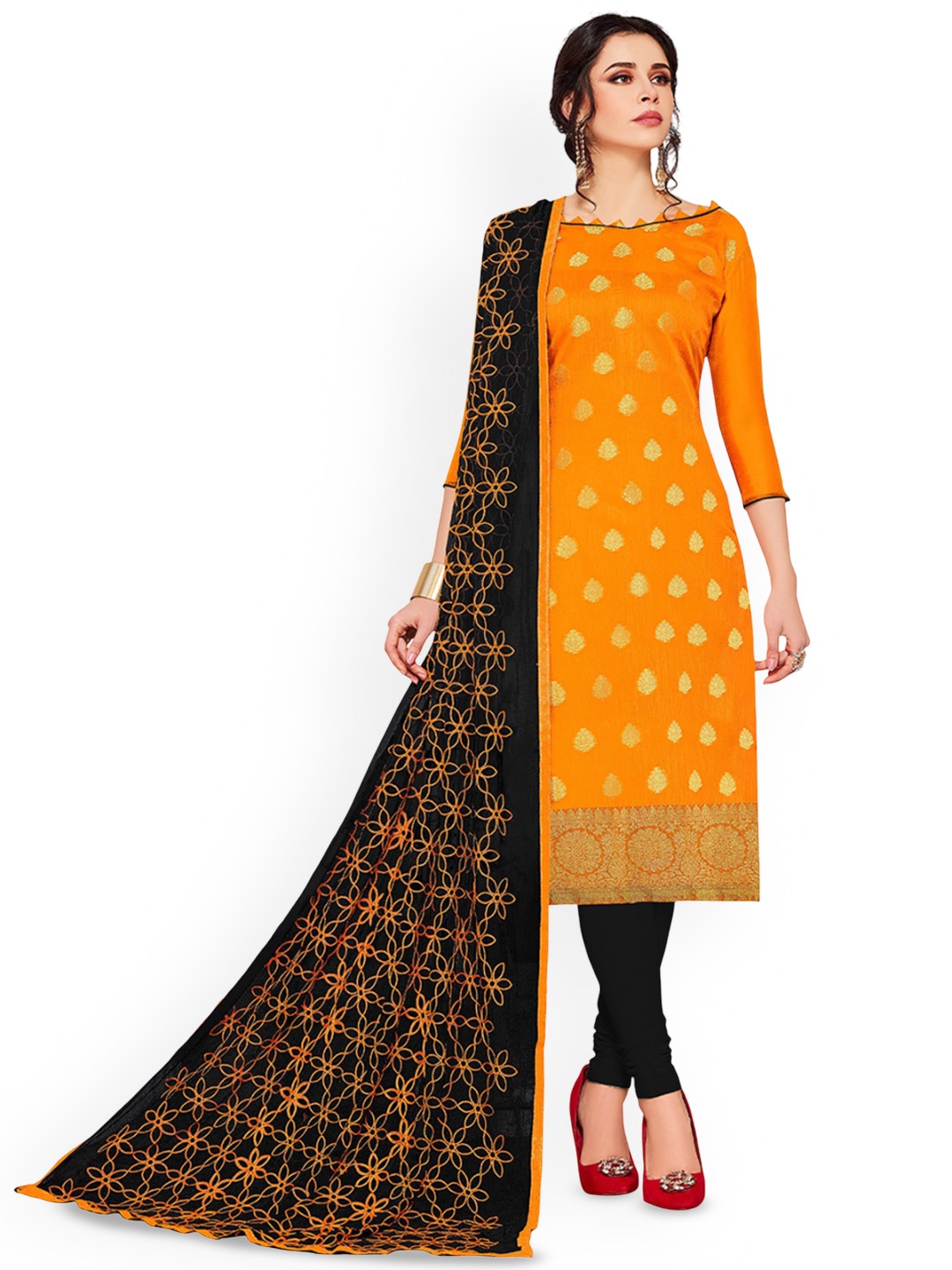 

HERE&NOW Floral Woven Design Banarasi Silk Unstitched Dress Material, Orange