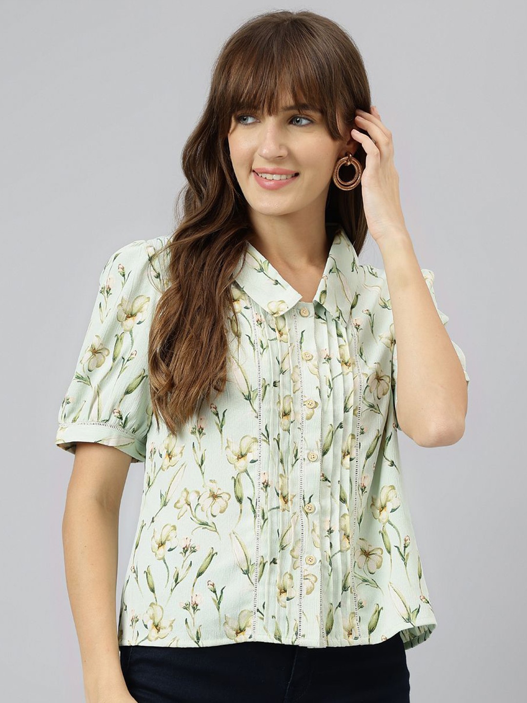 

Latin Quarters Floral Print Shirt Style Top, Green