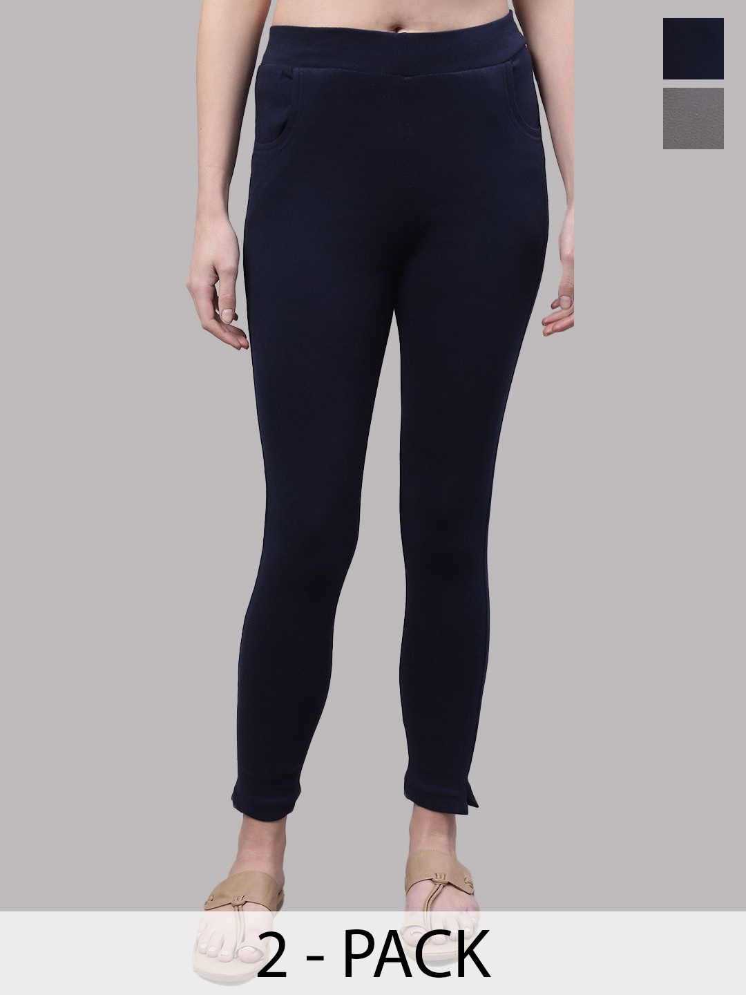 

Valles365 by S.C. Plus Size Women Pack Of 2 Ankle Length Cotton Leggings with Pocket, Grey