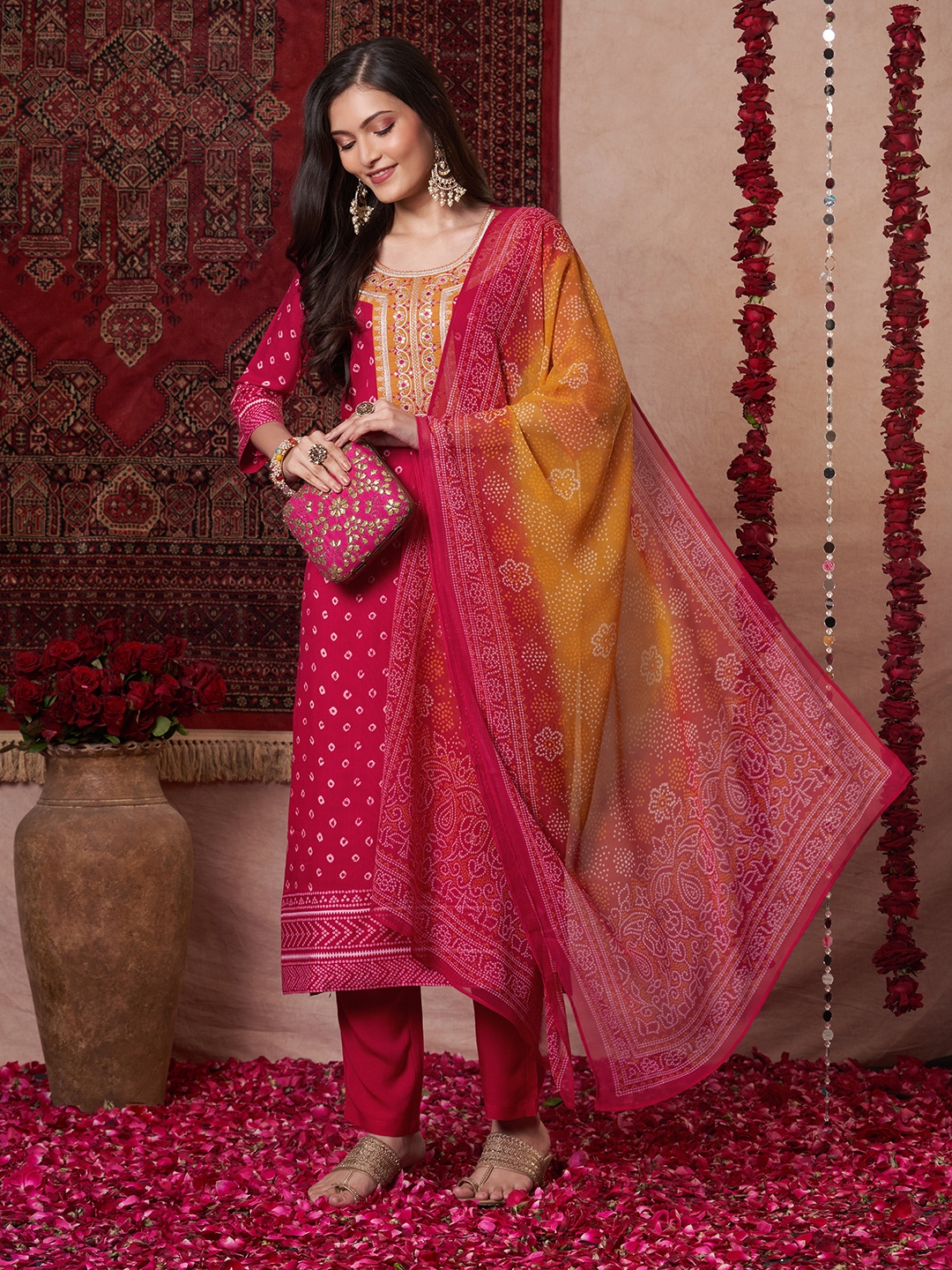 

GoSriKi Bandhani Printed Sequunied Straight Kurta With Trousers And Dupatta, Pink