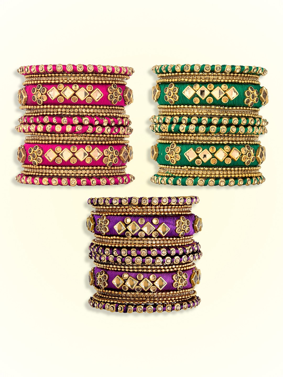 

Peora Set Of 30 Gold Plated Stone Studded & Silk Threaded Bangles