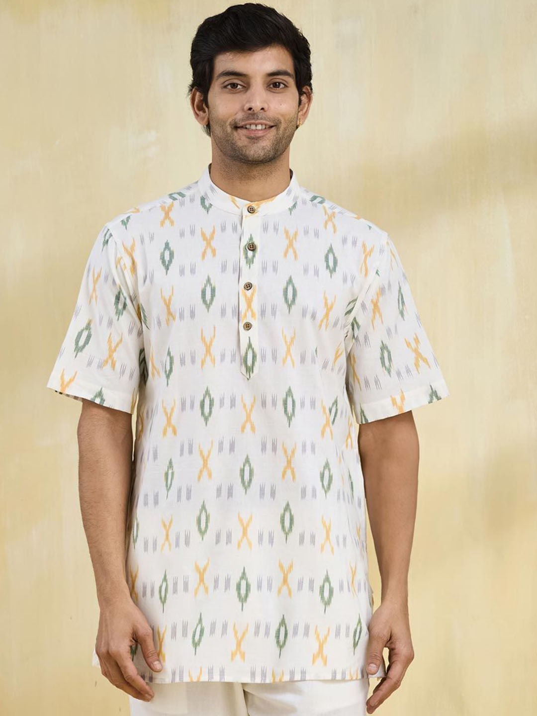 

Fabindia Geometric printed Band Collar Cotton Straight Kurta, White