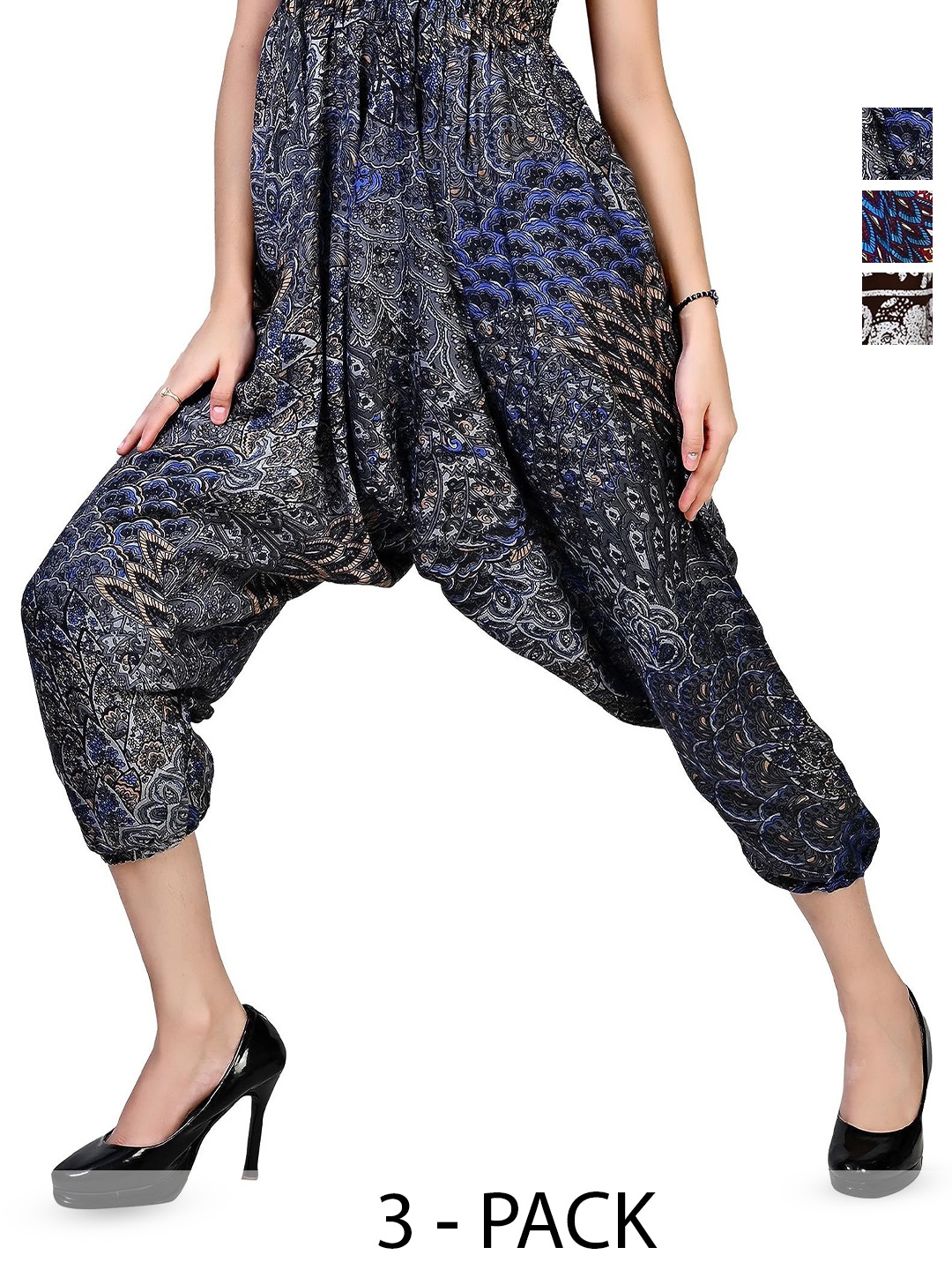 

NarNari Women Pack Of 3 Printed Mid-Rise Harem Pants, Blue