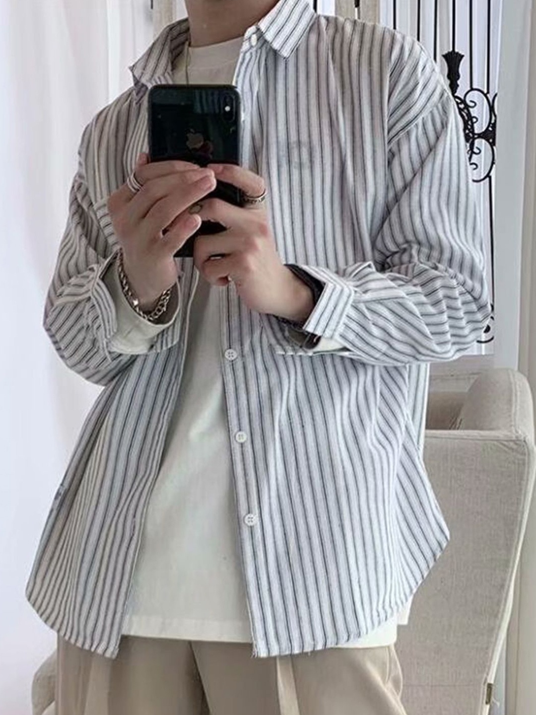 

HERE&NOW Men Opaque Striped Casual Shirt, White