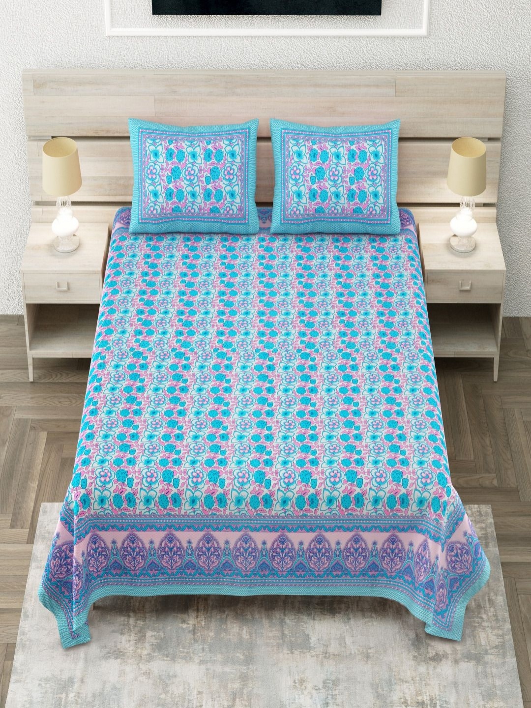 

Aapno Rajasthan Blue & Pink Floral Printed Cotton 144 TC King Bedsheet Set 2.74m x 2.74m