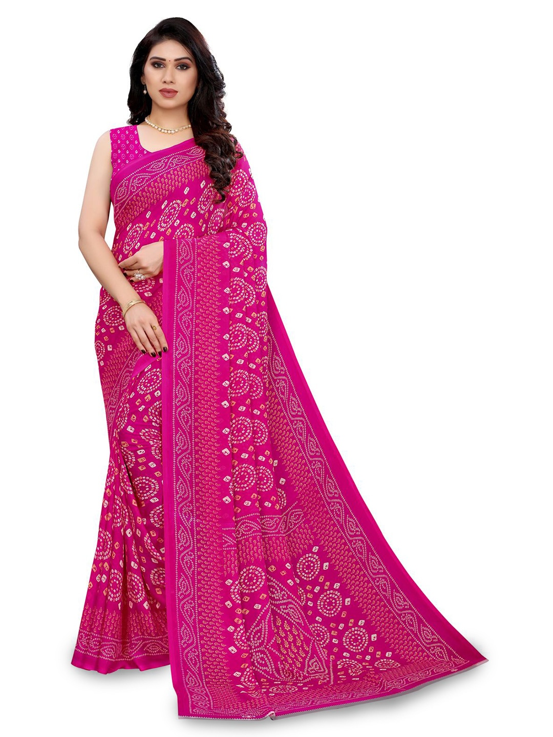 

HERE&NOW Bandhani Poly Georgette Saree, Pink