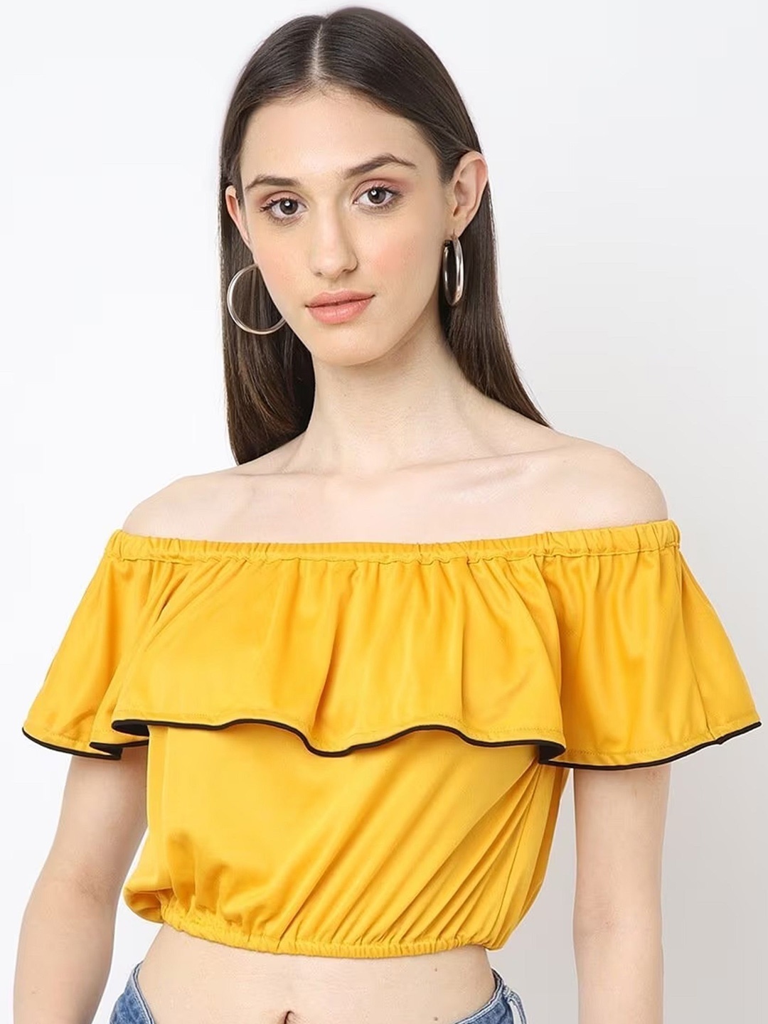 

SAKURA Off-Shoulder Cape Sleeve Bardot Crop Top, Mustard