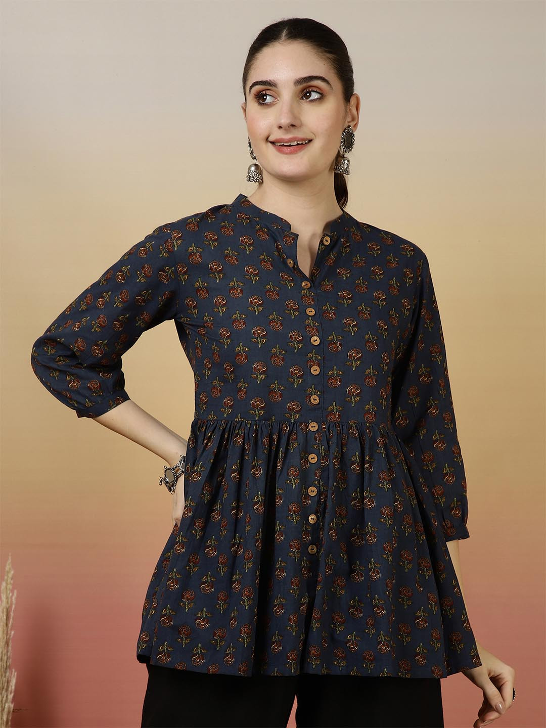 

NISHABD Women Floral Print Mandarin Collar Cotton Top, Black