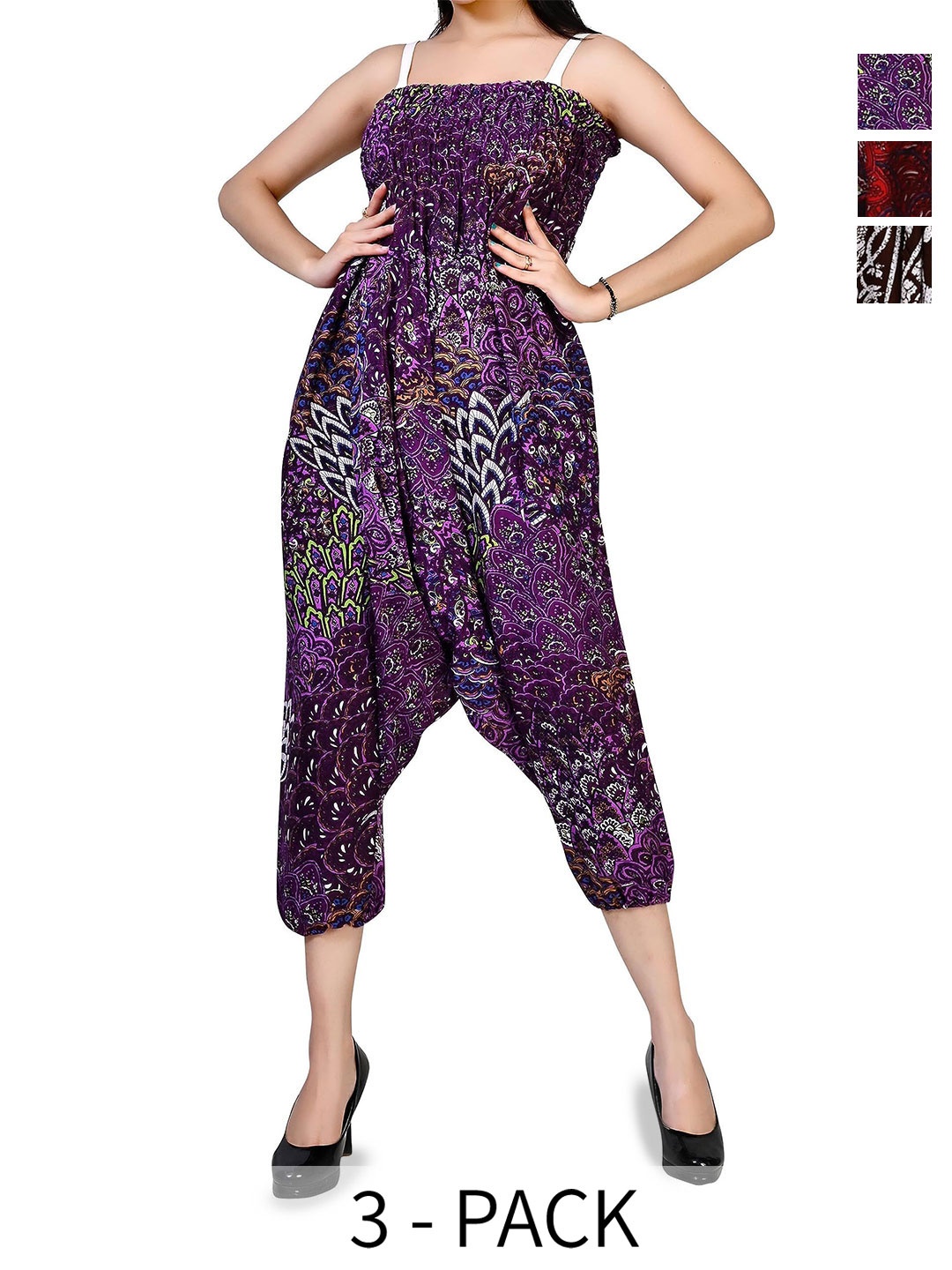 

NarNari Women Pack Of 3 Printed Loose Fit Mid-Rise Harem Pants, Black