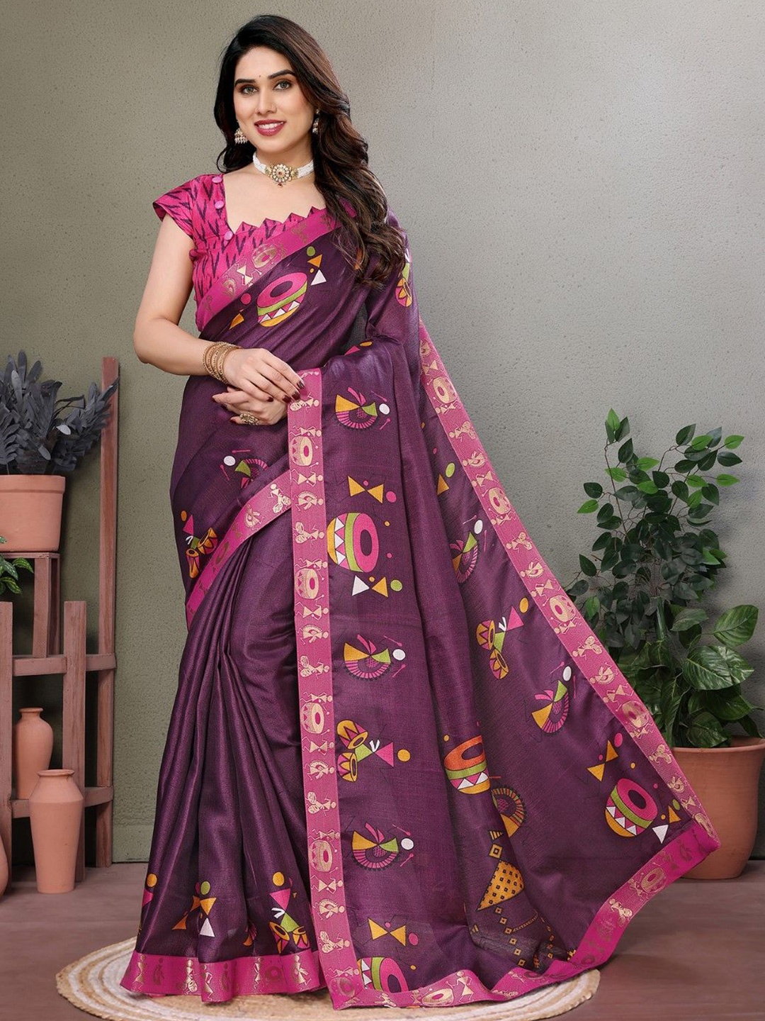 

KALINI Woven Design Warli Printed Saree, Purple
