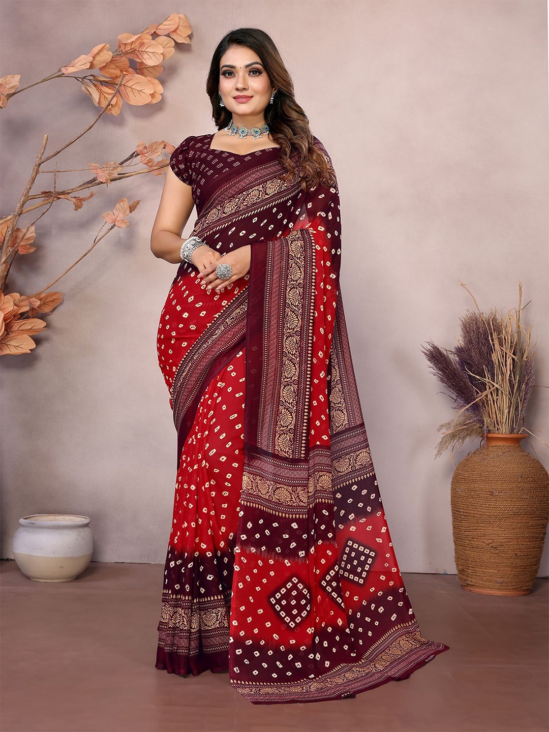 

Moda Rapido Bandhani Poly Georgette Saree, Maroon