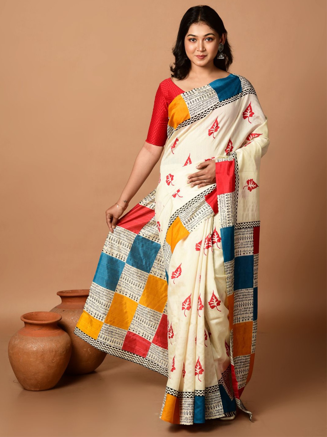 

HOUSE OF ARLI Ethnic Motifs Pure Silk Bhagalpuri Saree, Off white