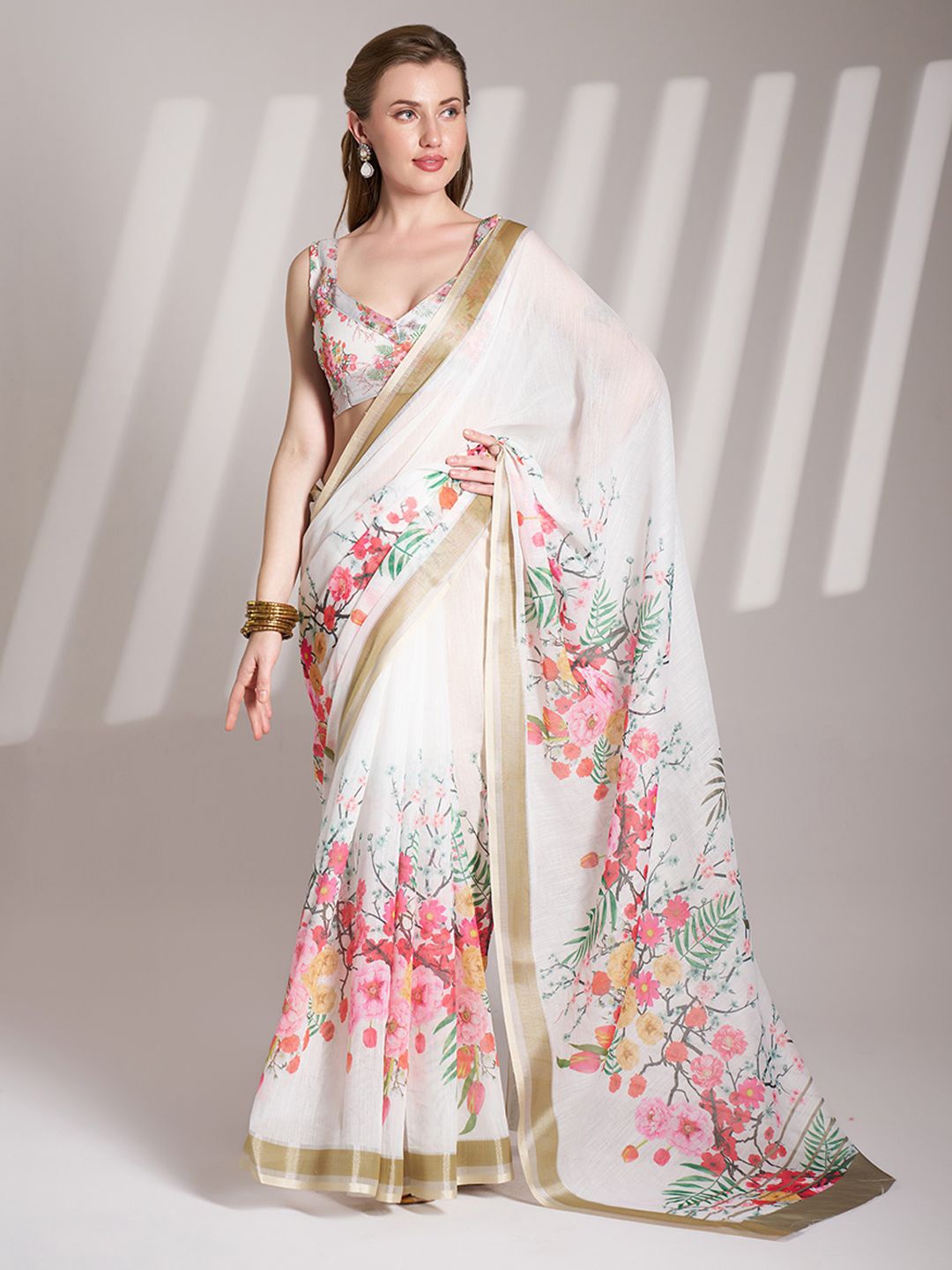 

Kalista Floral Zari Linen Blend Saree, White