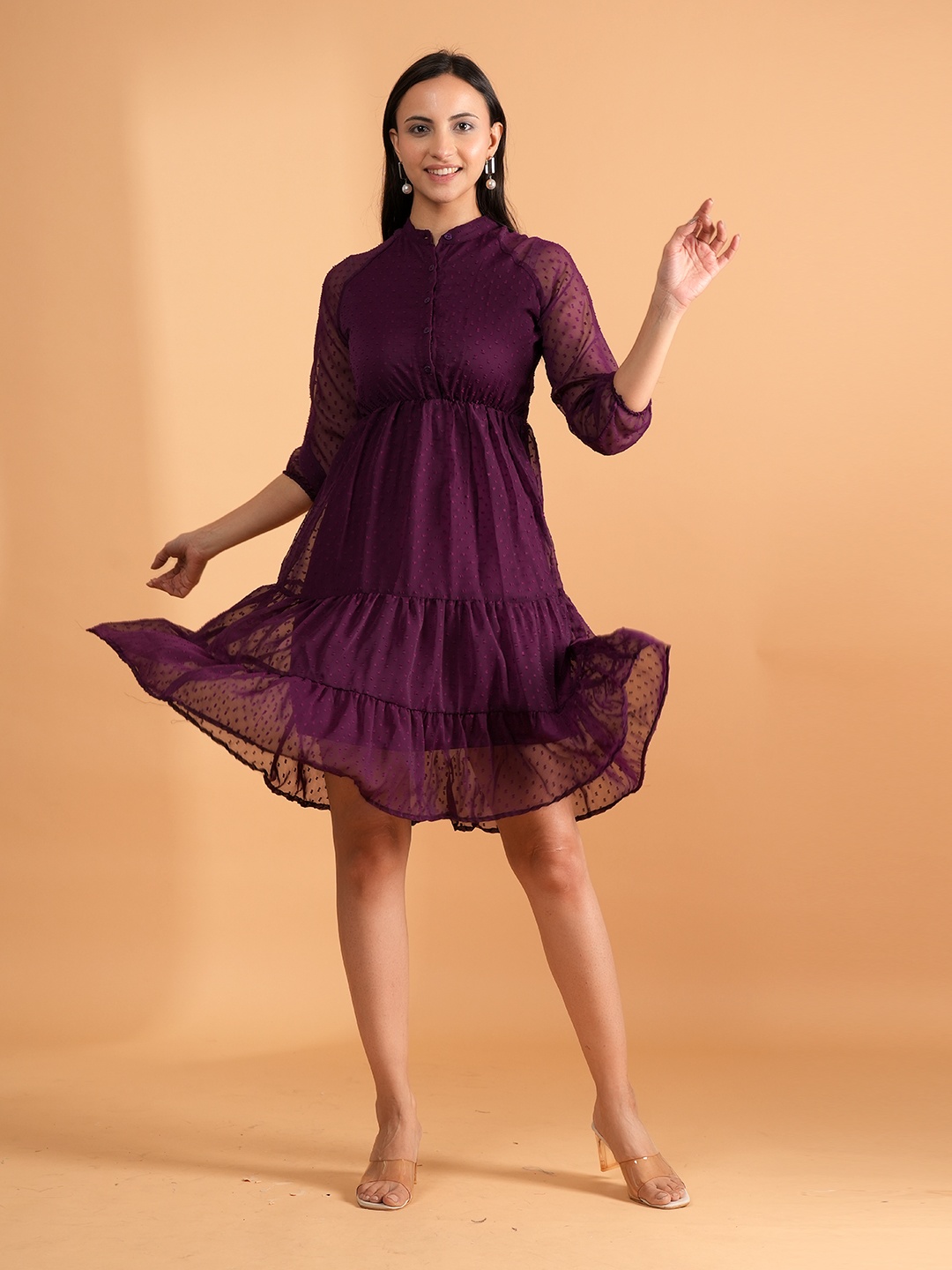 

BAESD Women Mandarin Collar Self Design Fit & Flare Dress, Maroon