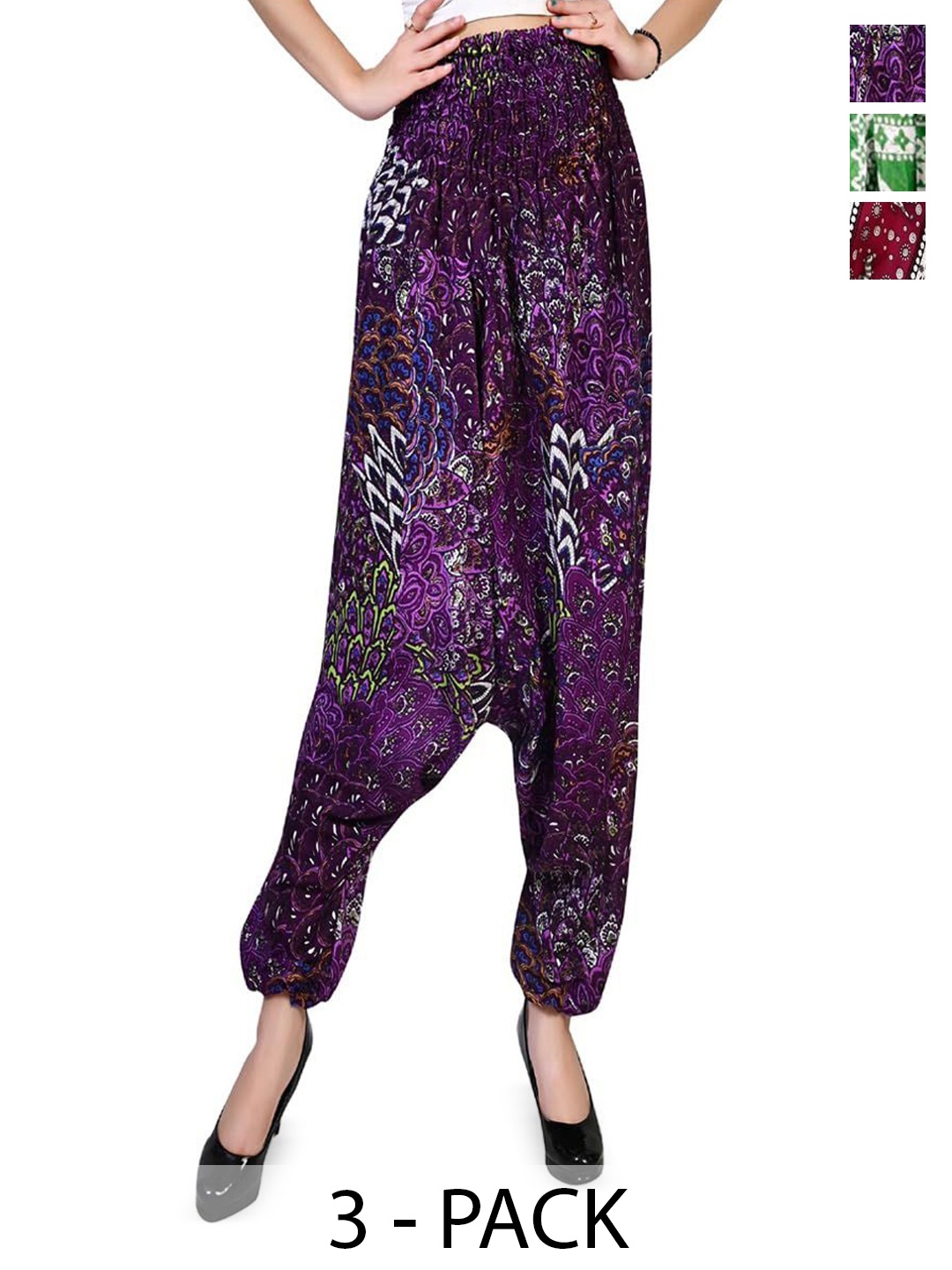 

NarNari Women Pack Of 3 Printed High Rise Harem Pants, Green